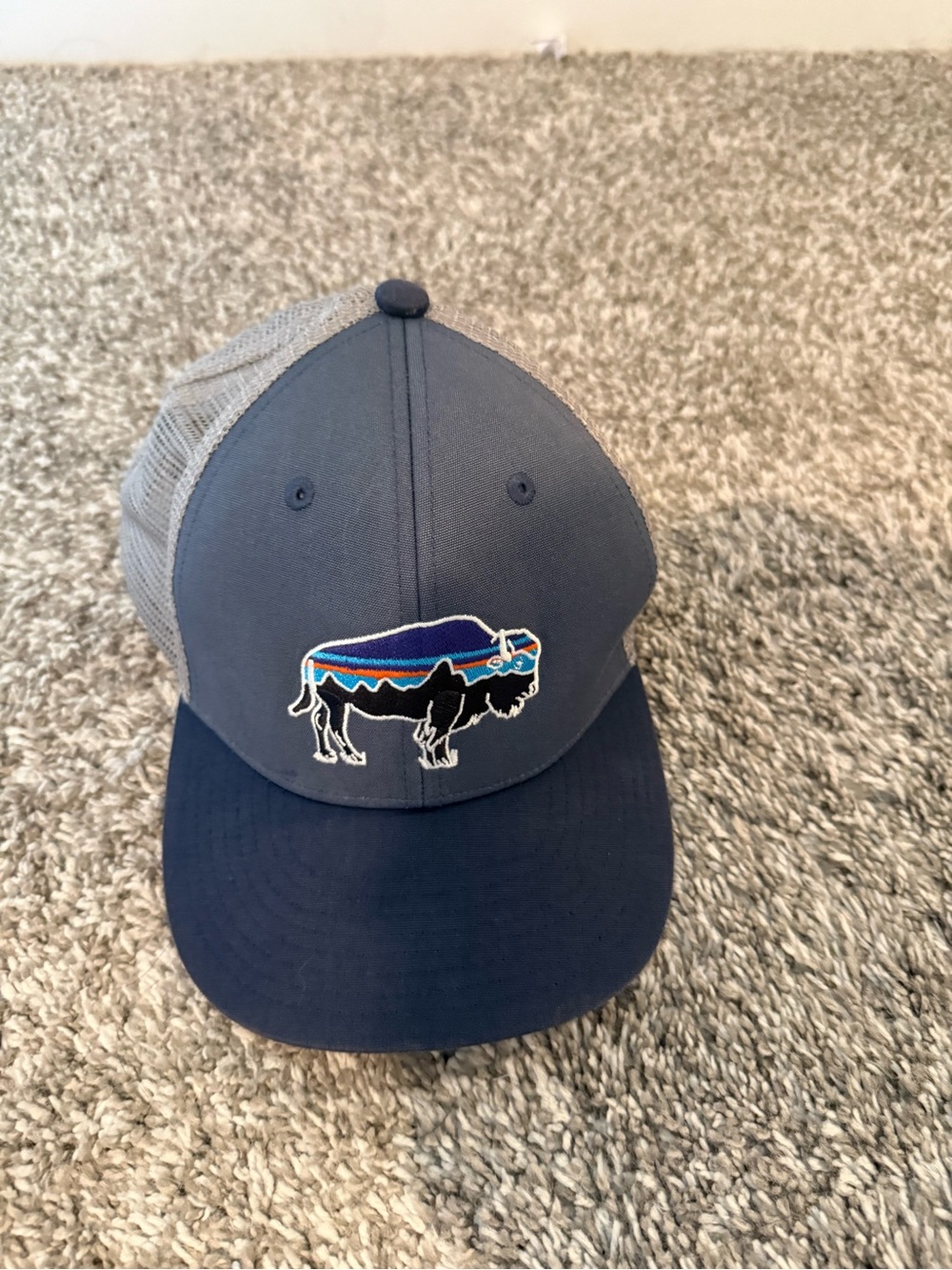 Patagonia Kids Trucker Hat in Navy and Gray with Buffalo Patch